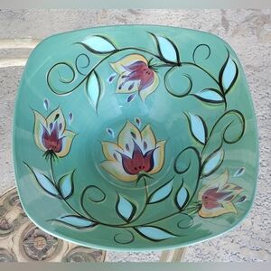 Unique Southern Living Gail Pittman Green 14" Square Bowl w/Hand Painted Flowers